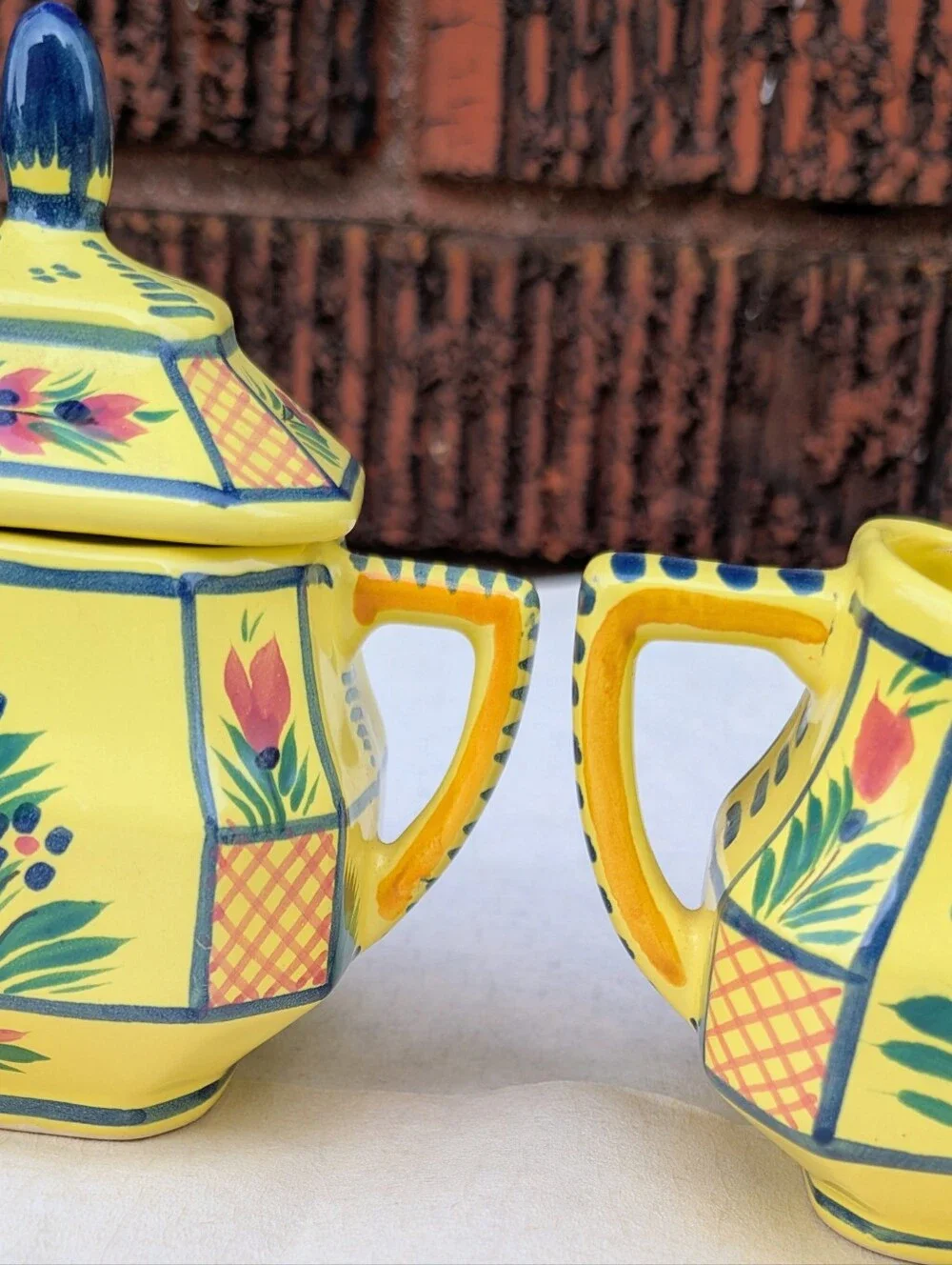 VTG HB Quimper Hand-Painted Yellow Ceramic Sugar and Creamer Set NICE CONDITION